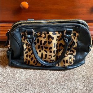 Leopard and black leather satchel handbag